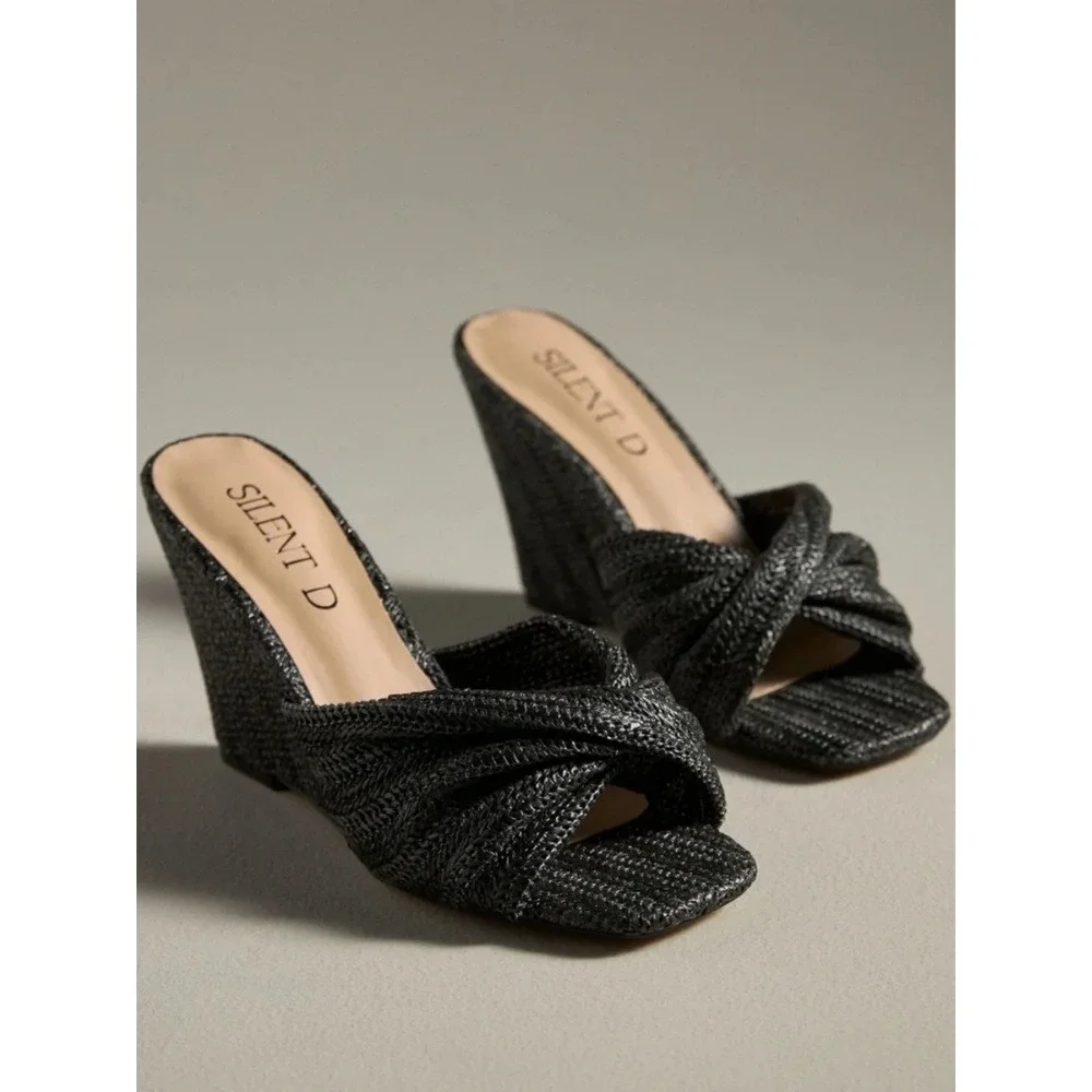 Anthropologie Silent D Katia Black Woven Wedge Sandals 41 10 Black Raffia
